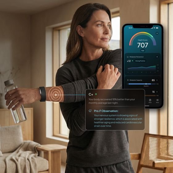 Woman wearing the Hume Band while the Hume Health app shows her Health Score and recovery insights