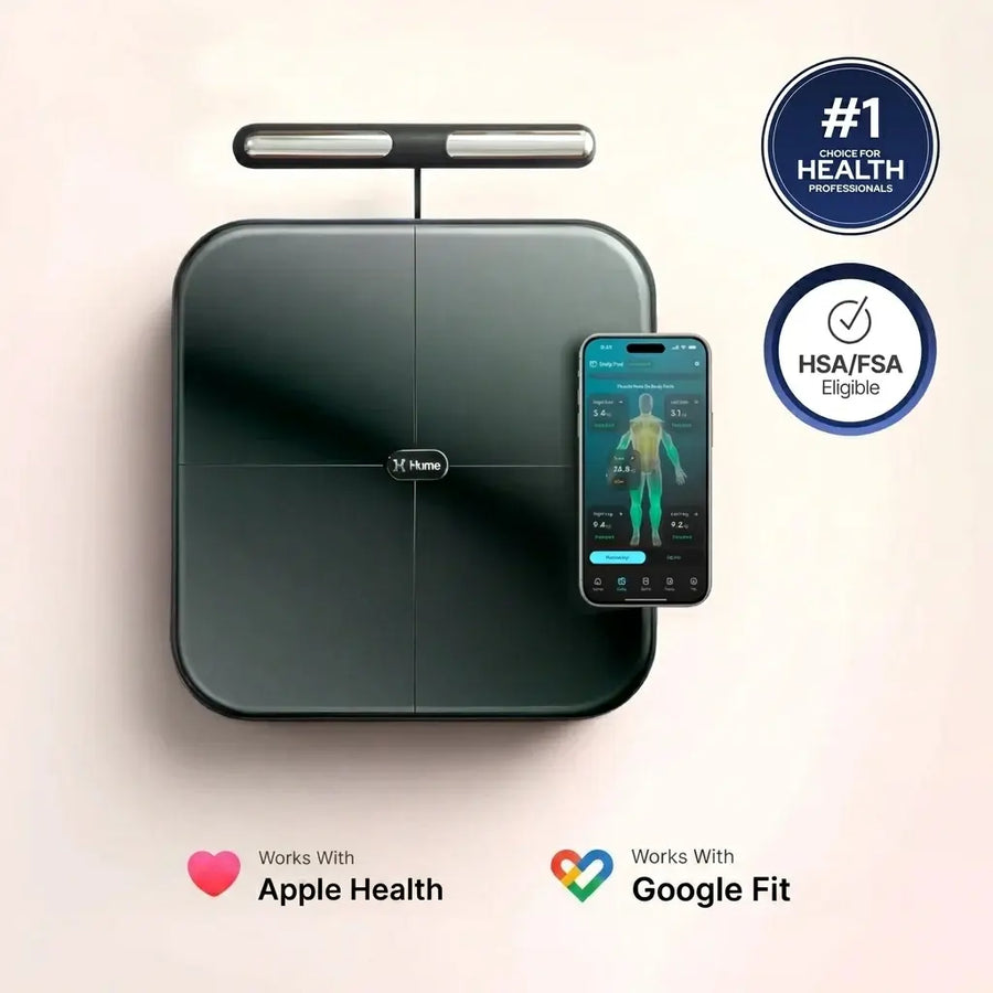 Hume Body Pod with app showing segmental body composition, HSA/FSA eligible badge and Apple Health and Google Fit compatibility