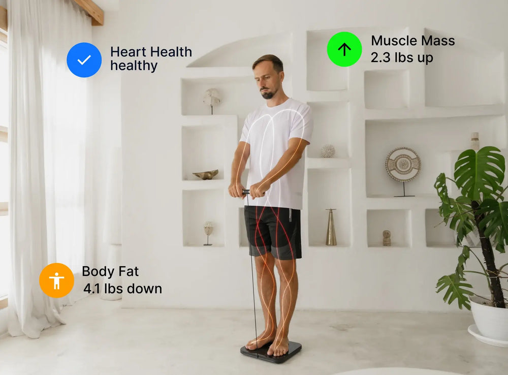 Man standing on the Hume Body Pod holding the handheld sensors while the app highlights muscle mass up and body fat down