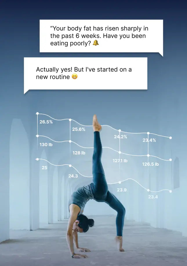 Woman exercising with body fat and weight trend lines from the Hume app